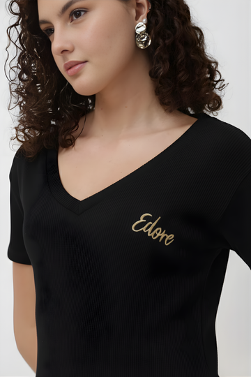 Rynel Black Ribbed V-Neck T-Shirt