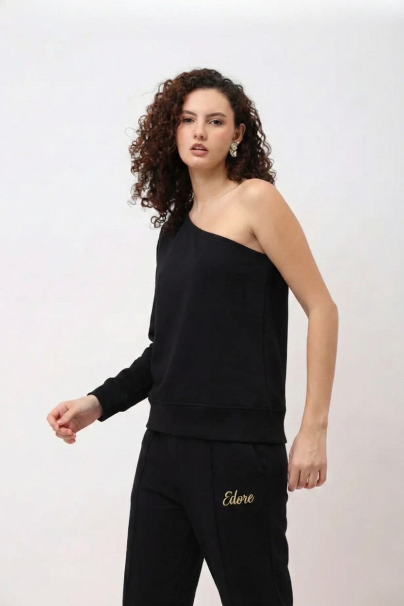 Elior Black One-Shoulder Sweatshirt