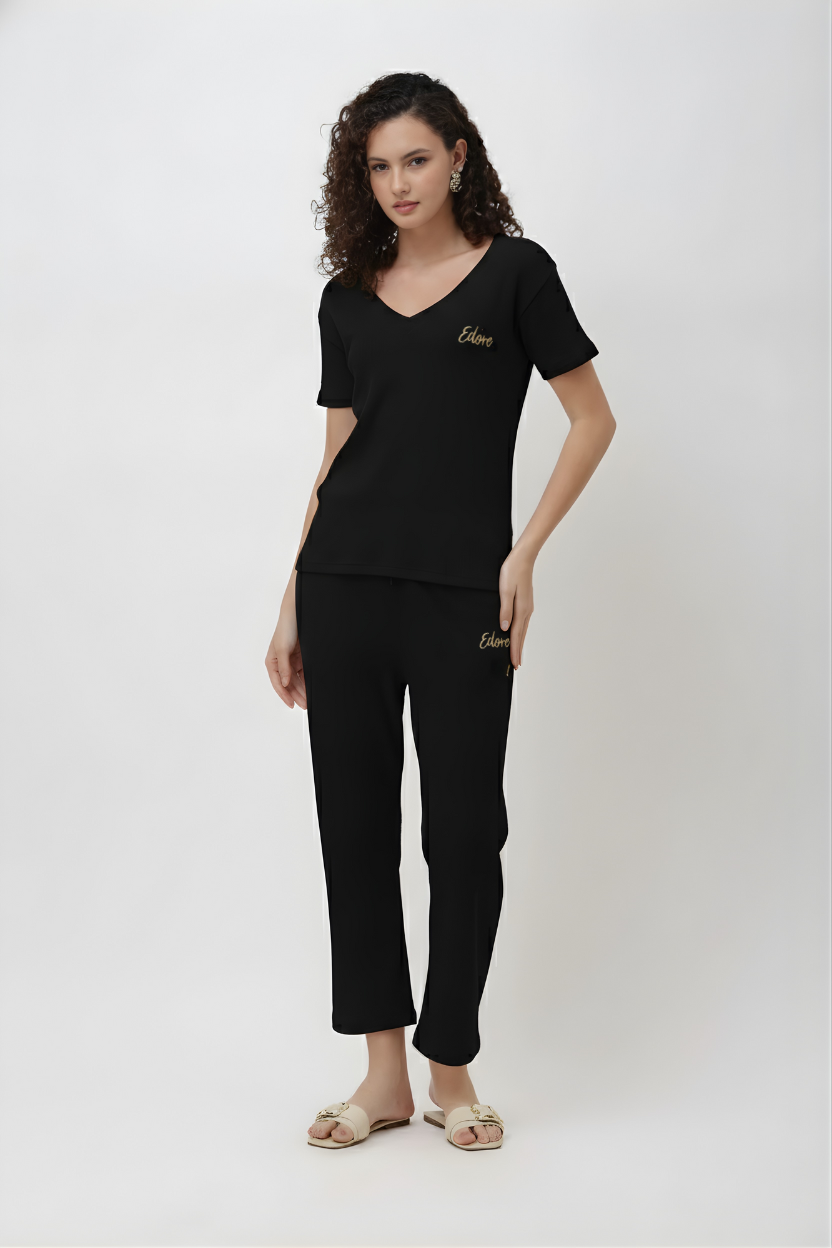 Rynel Black Ribbed V-Neck T-Shirt