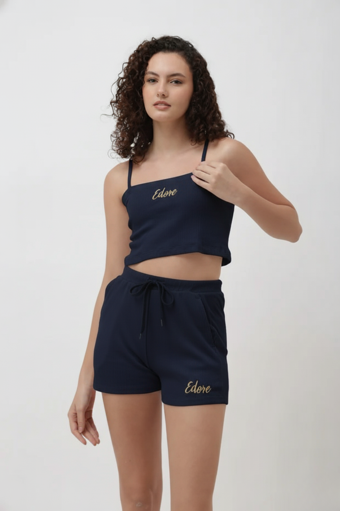 Lior Navy Blue Ribbed Cami Crop Top