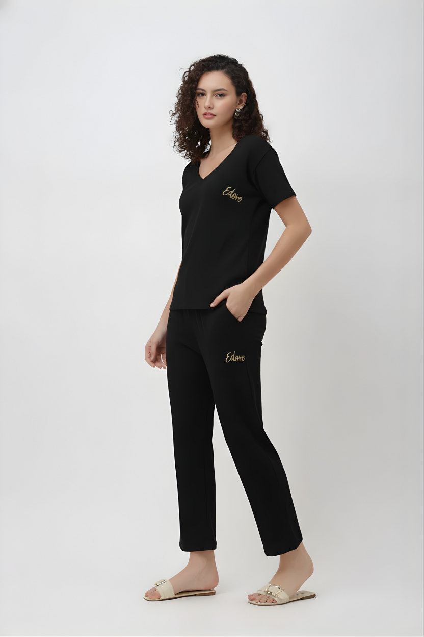 Rynel Black Ribbed V-Neck T-Shirt