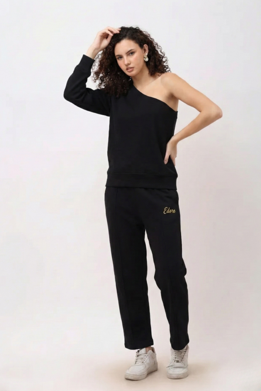 Elior Black One-Shoulder Sweatshirt