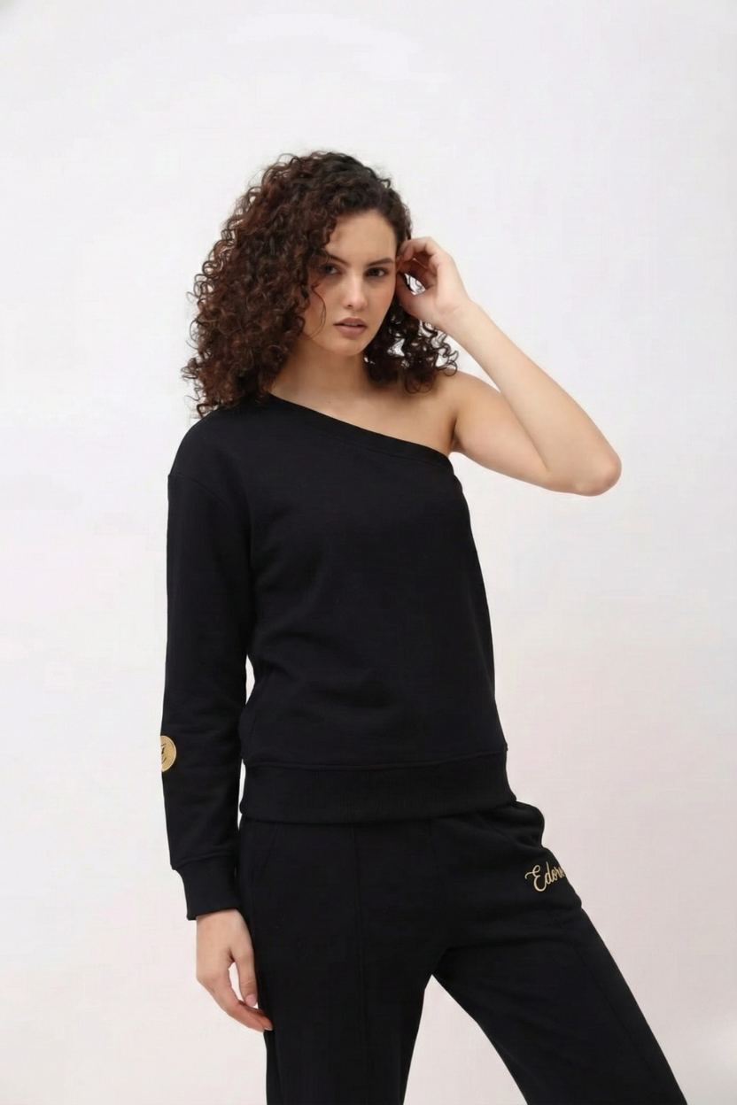 Elior Black One-Shoulder Sweatshirt
