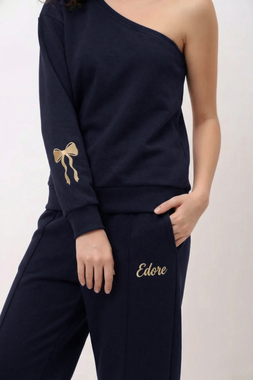 Elior Navy Blue One-Shoulder Sweatshirt