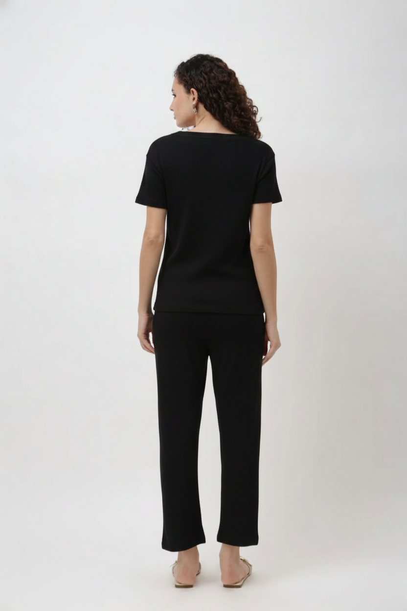 Rynel Black Ribbed V-Neck T-Shirt