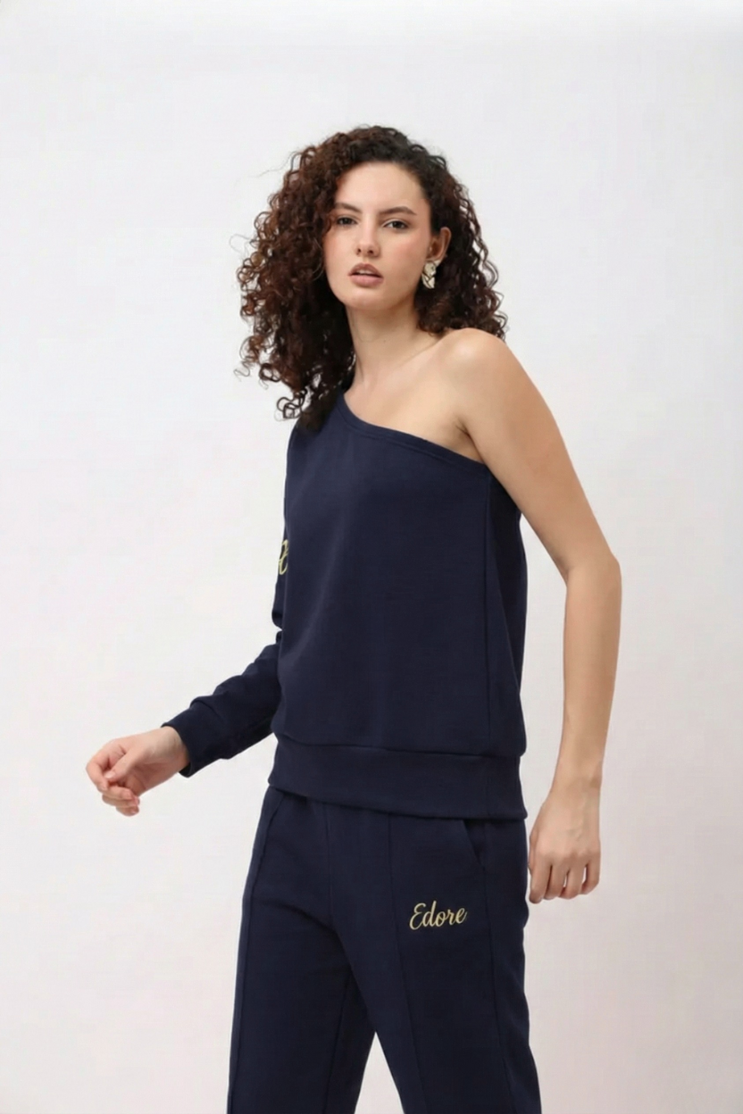 Elior Navy Blue One-Shoulder Sweatshirt