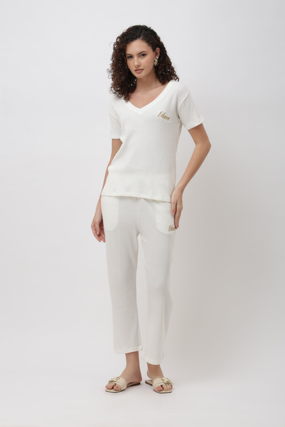 Rynel White Ribbed V-Neck T-Shirt