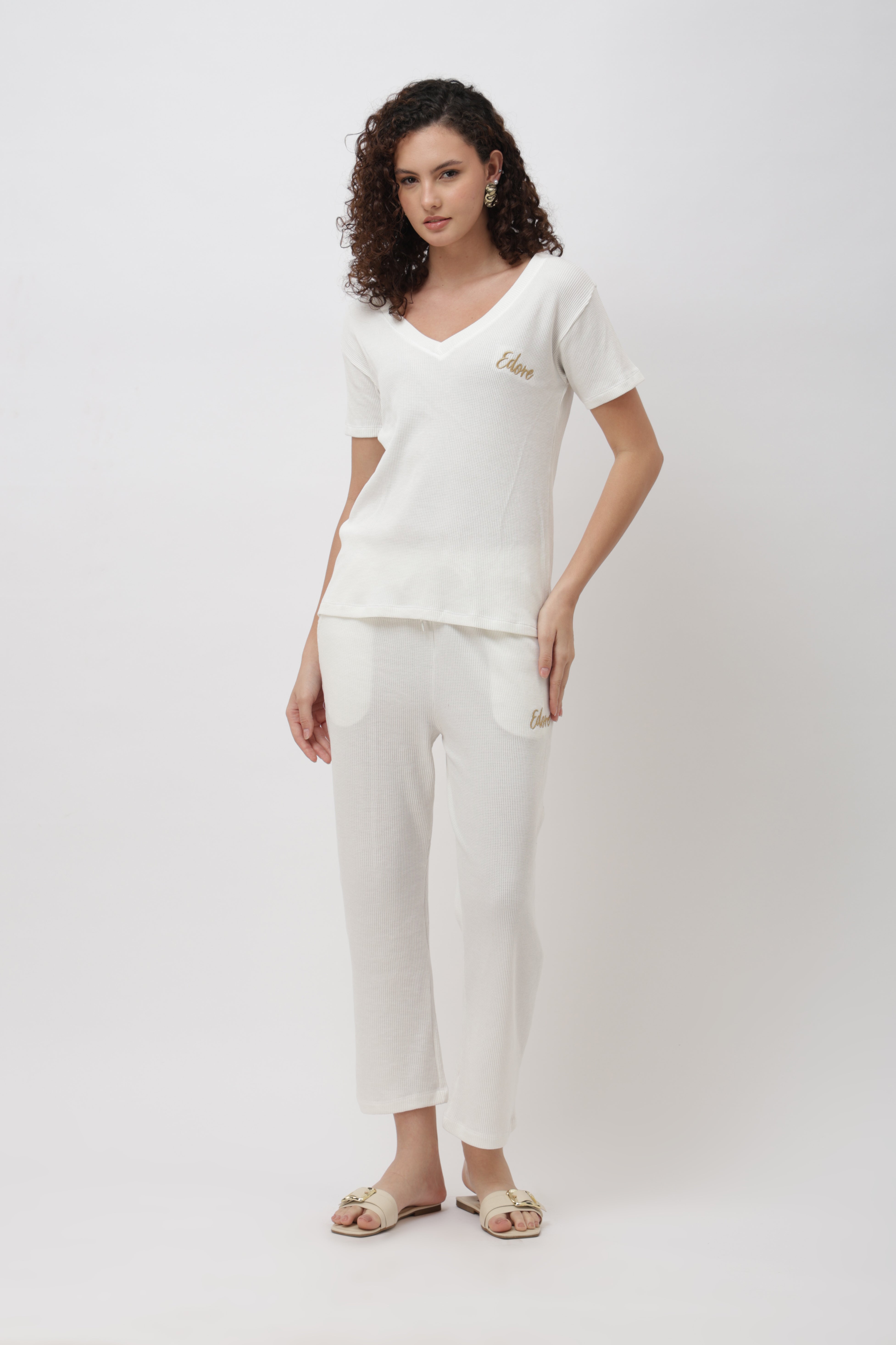 Rynel White Ribbed V-Neck T-Shirt