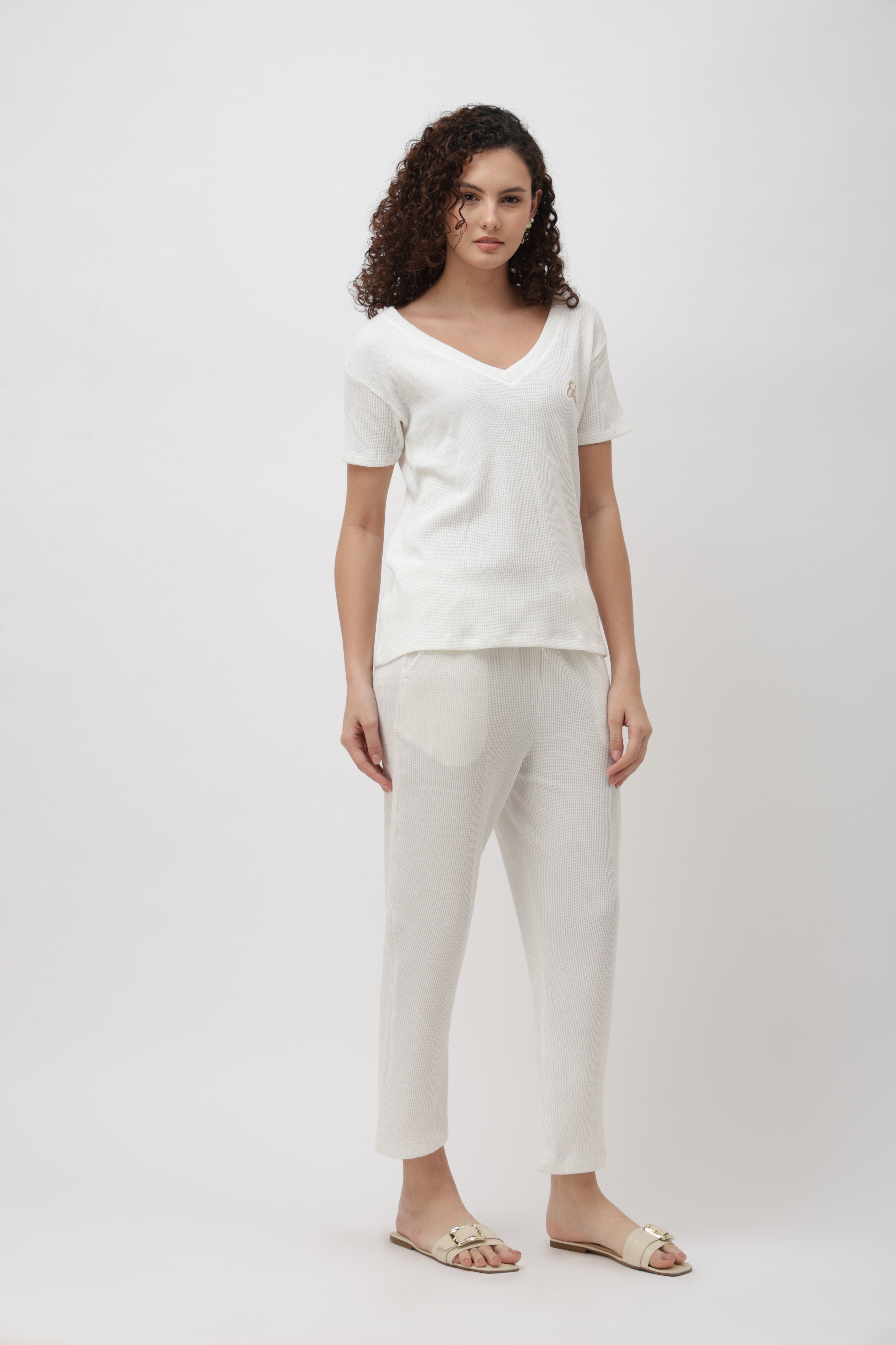 Rynel White Ribbed V-Neck T-Shirt