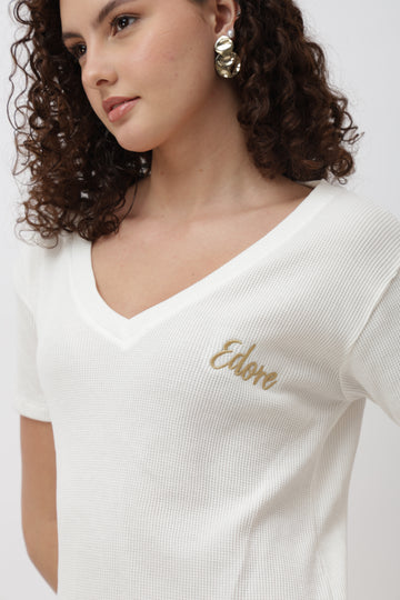 Rynel White Ribbed V-Neck T-Shirt