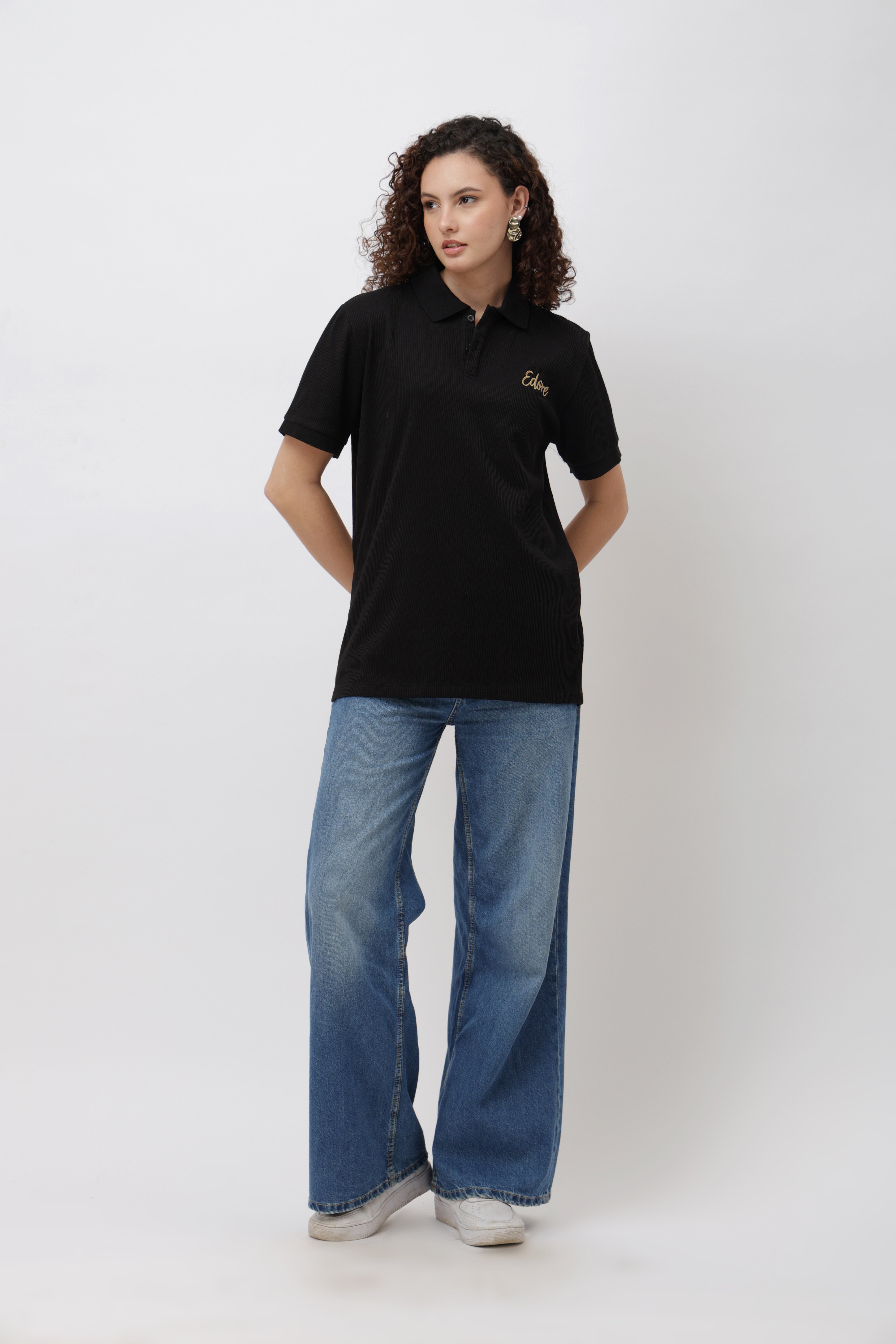 Iven Unisex Black Button Polo T-Shirt
