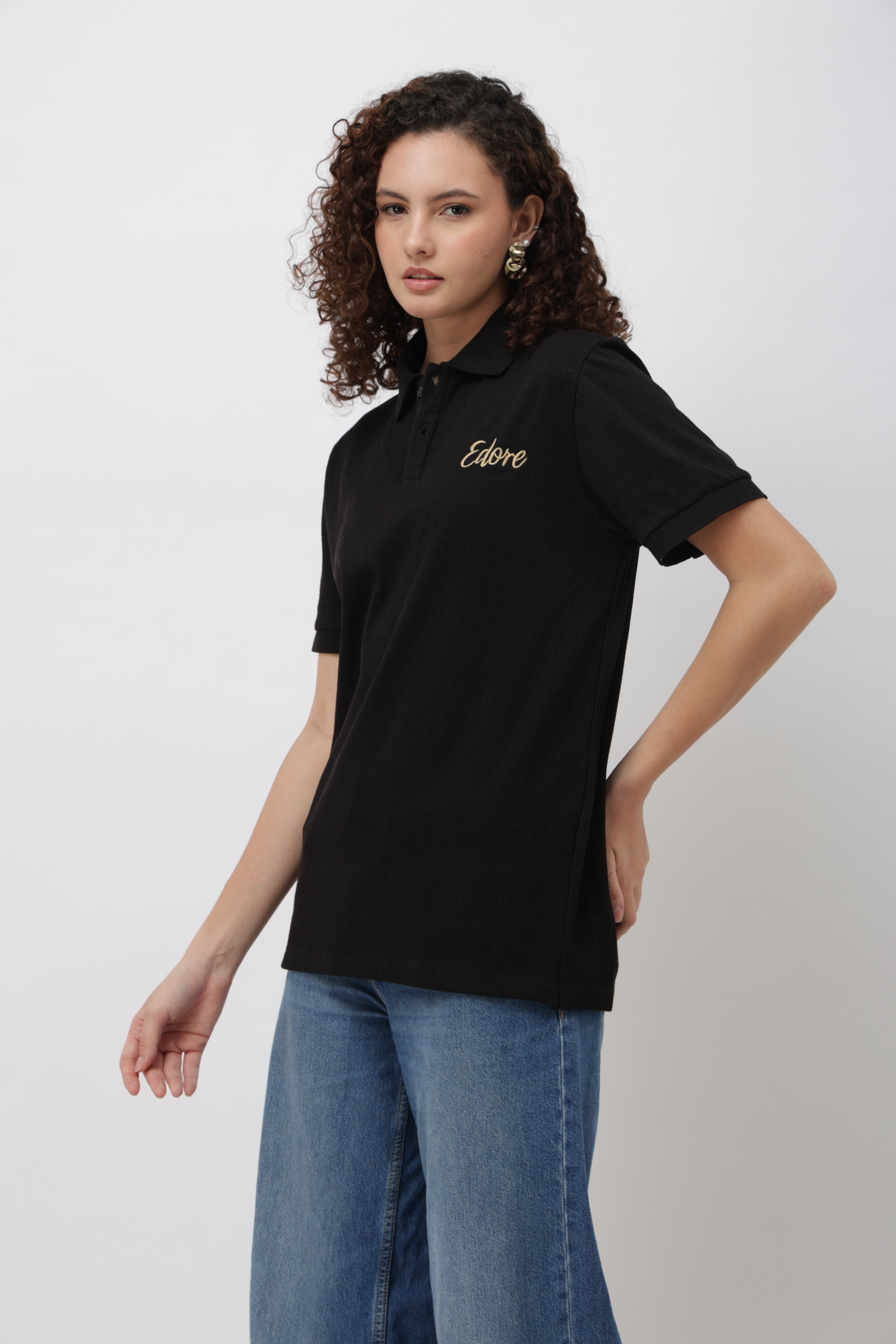 Iven Unisex Black Button Polo T-Shirt