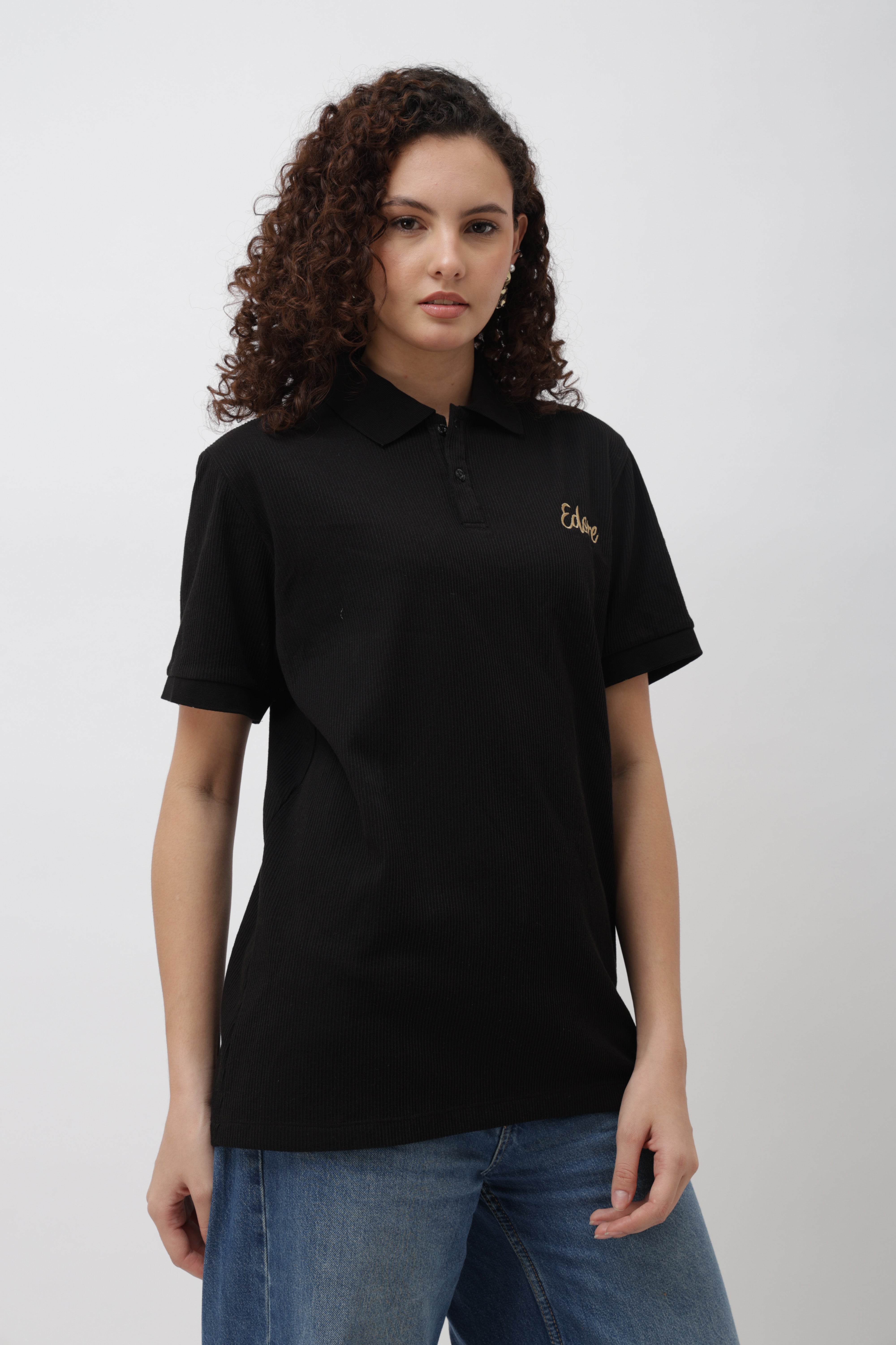 Iven Unisex Black Button Polo T-Shirt