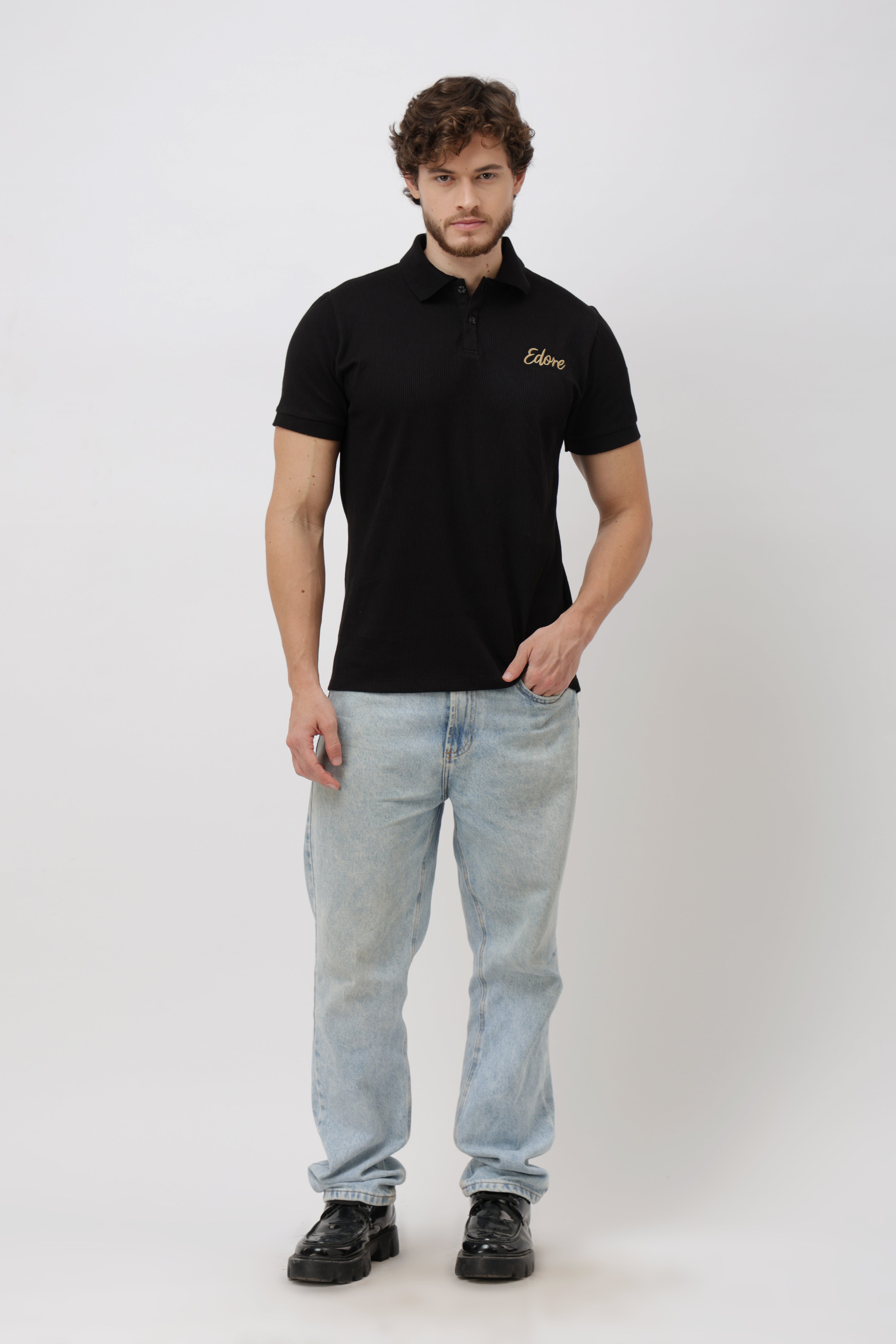 Iven Unisex Black Button Polo T-Shirt