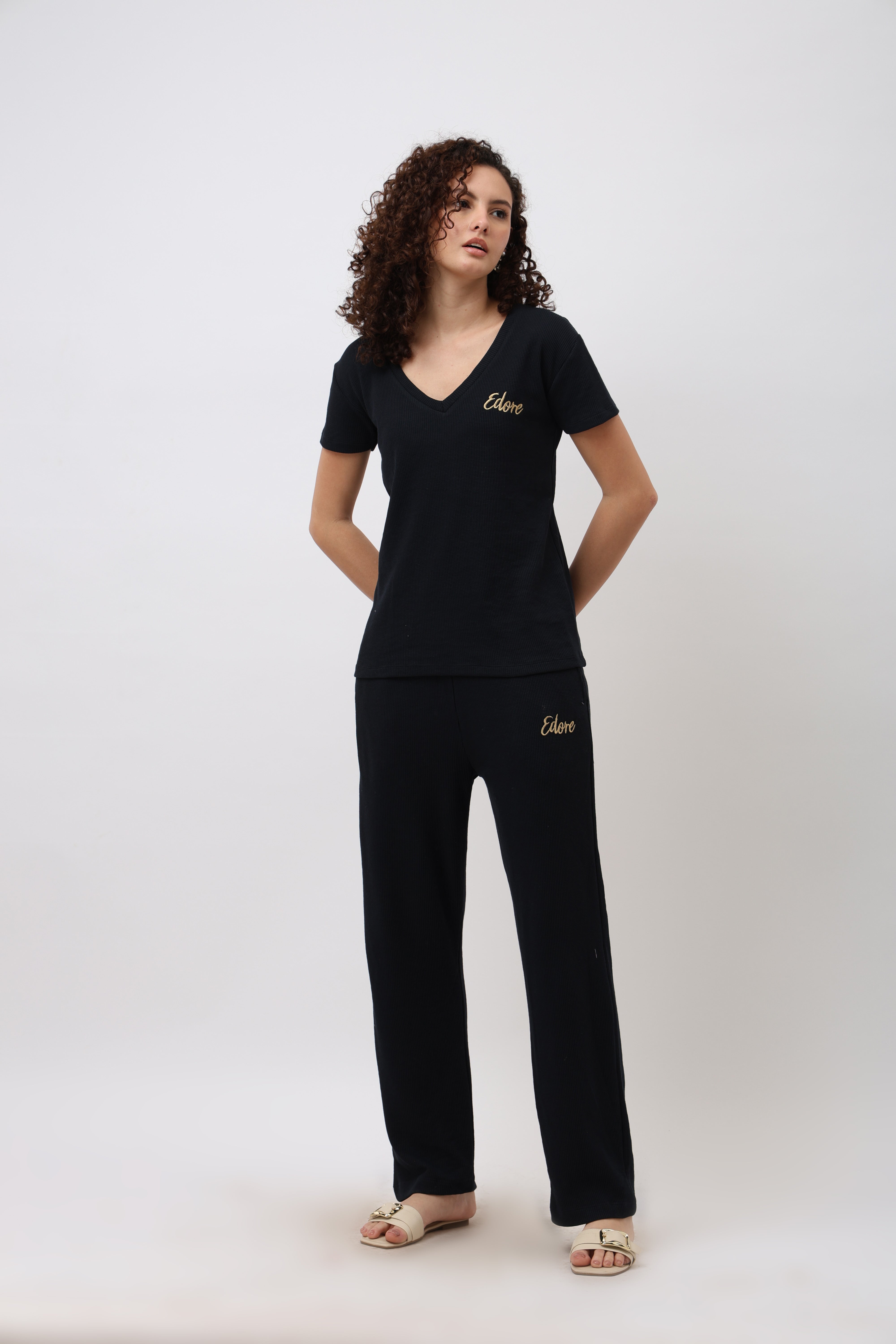 Rynel Navy Blue V-Neck Ribbed T-Shirt