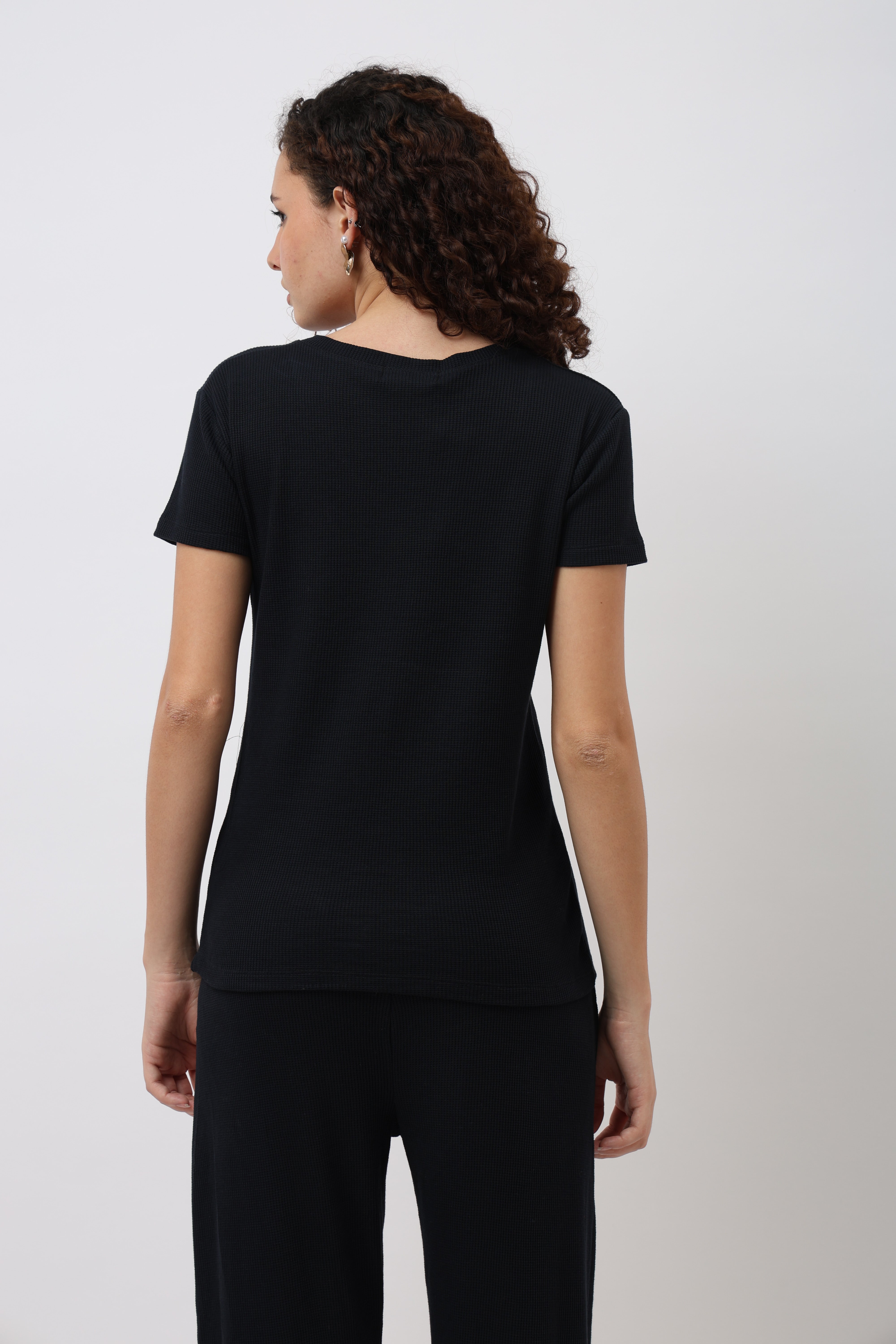 Rynel Navy Blue V-Neck Ribbed T-Shirt