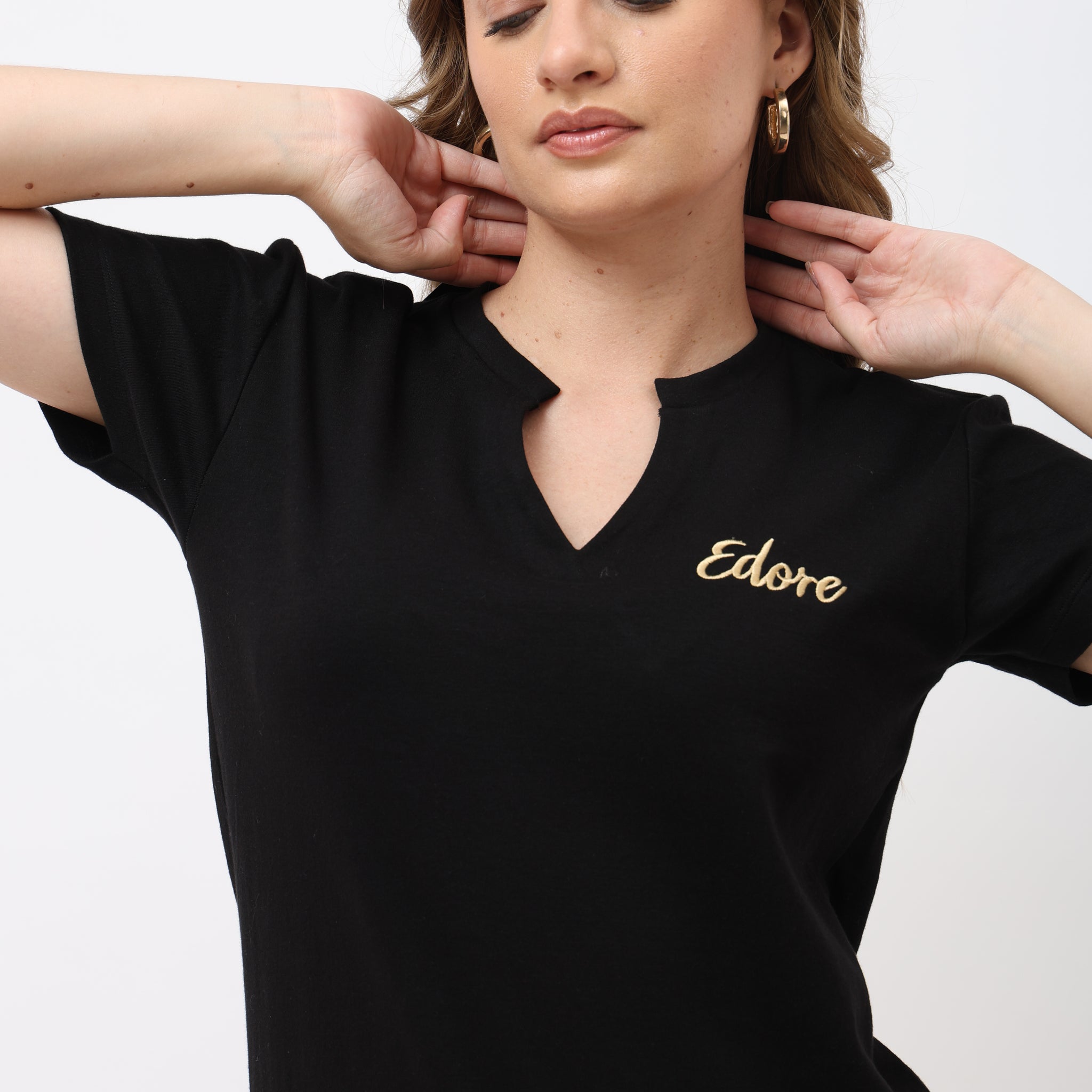 Eleno Black V-Notch Neck T-Shirt