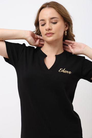 Eleno Black V-Notch Neck T-Shirt
