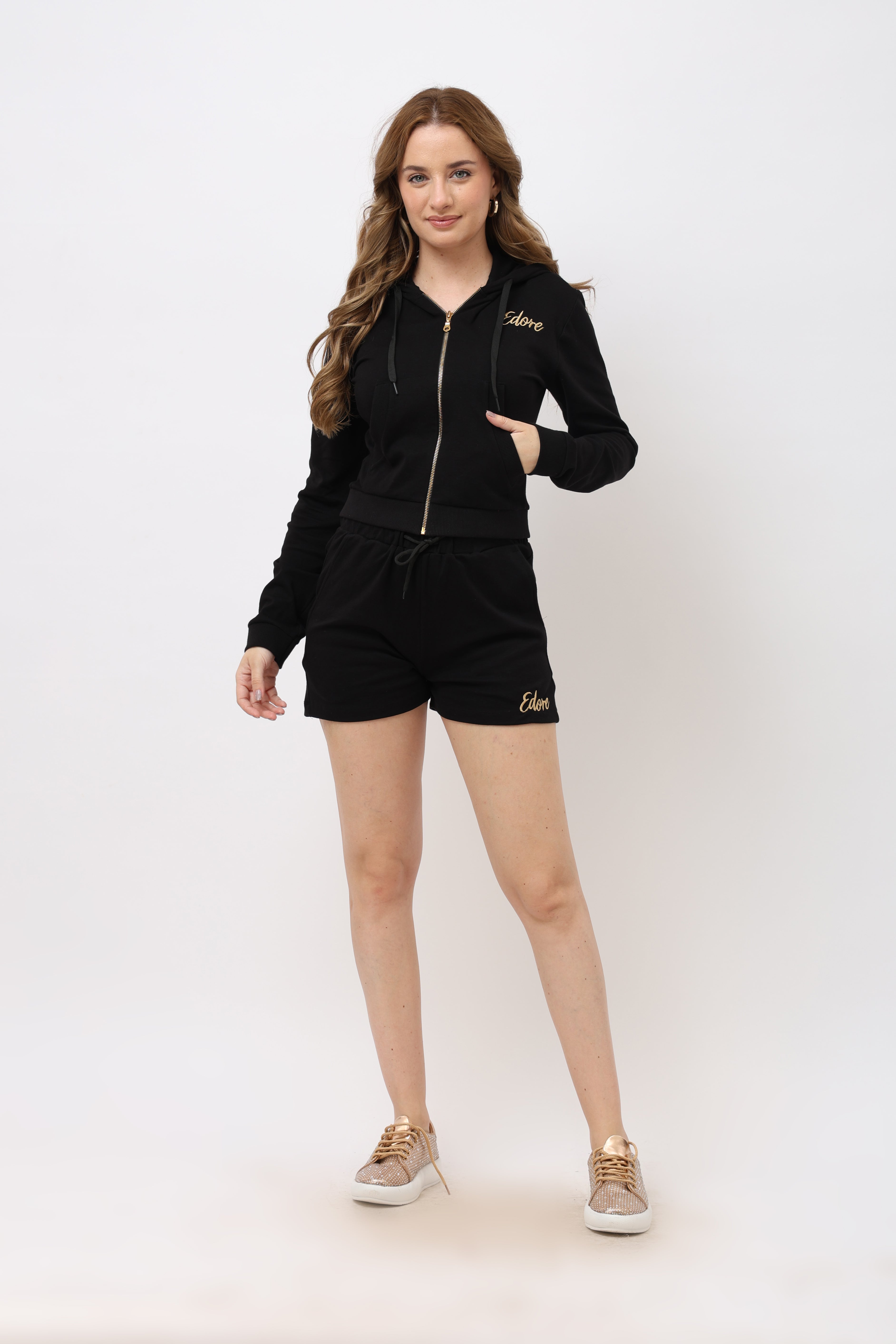 Caen Black Front Zip Crop Jacket (With Pocket)