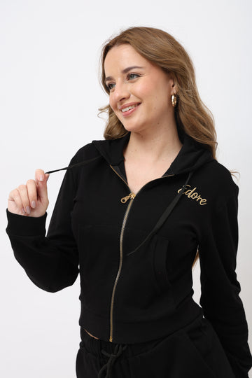 Caen Black Front Zip Crop Jacket (With Pocket)