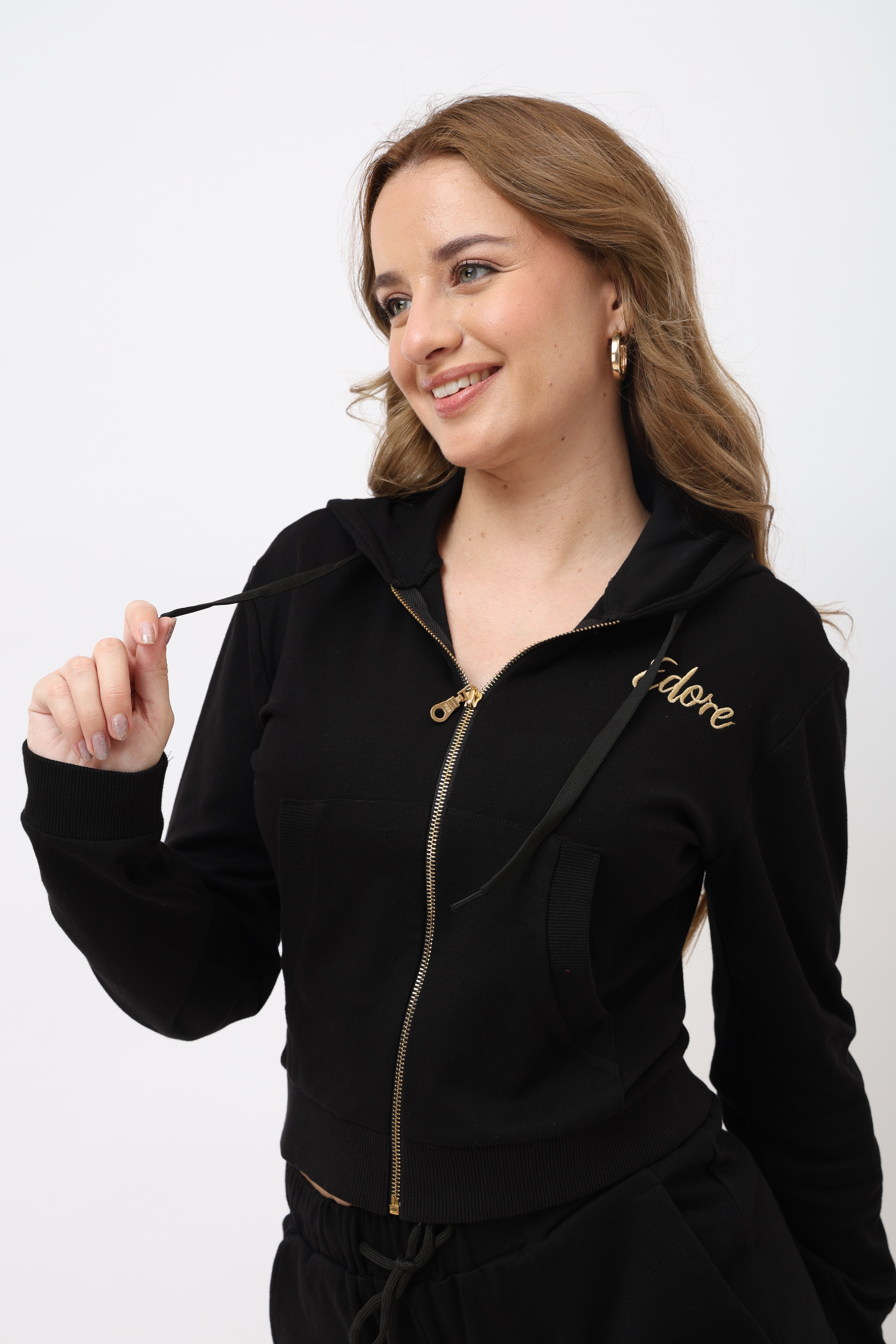 Caen Black Front Zip Crop Jacket (With Pocket)