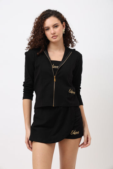 Kyne Black Front Zip Crop Jacket (Without Pocket)