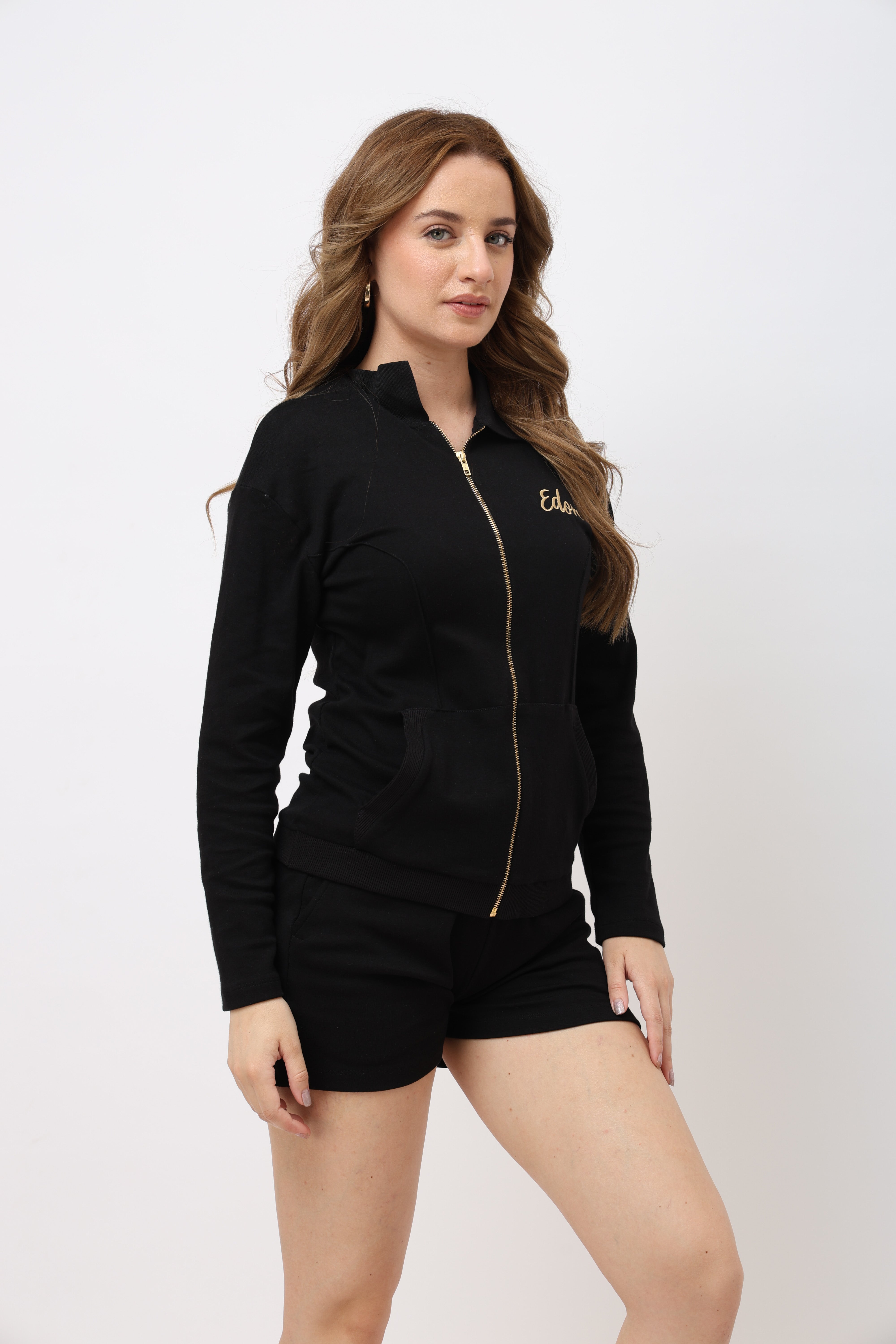 Myric Black Front Zip Jacket with Collar & Pocket