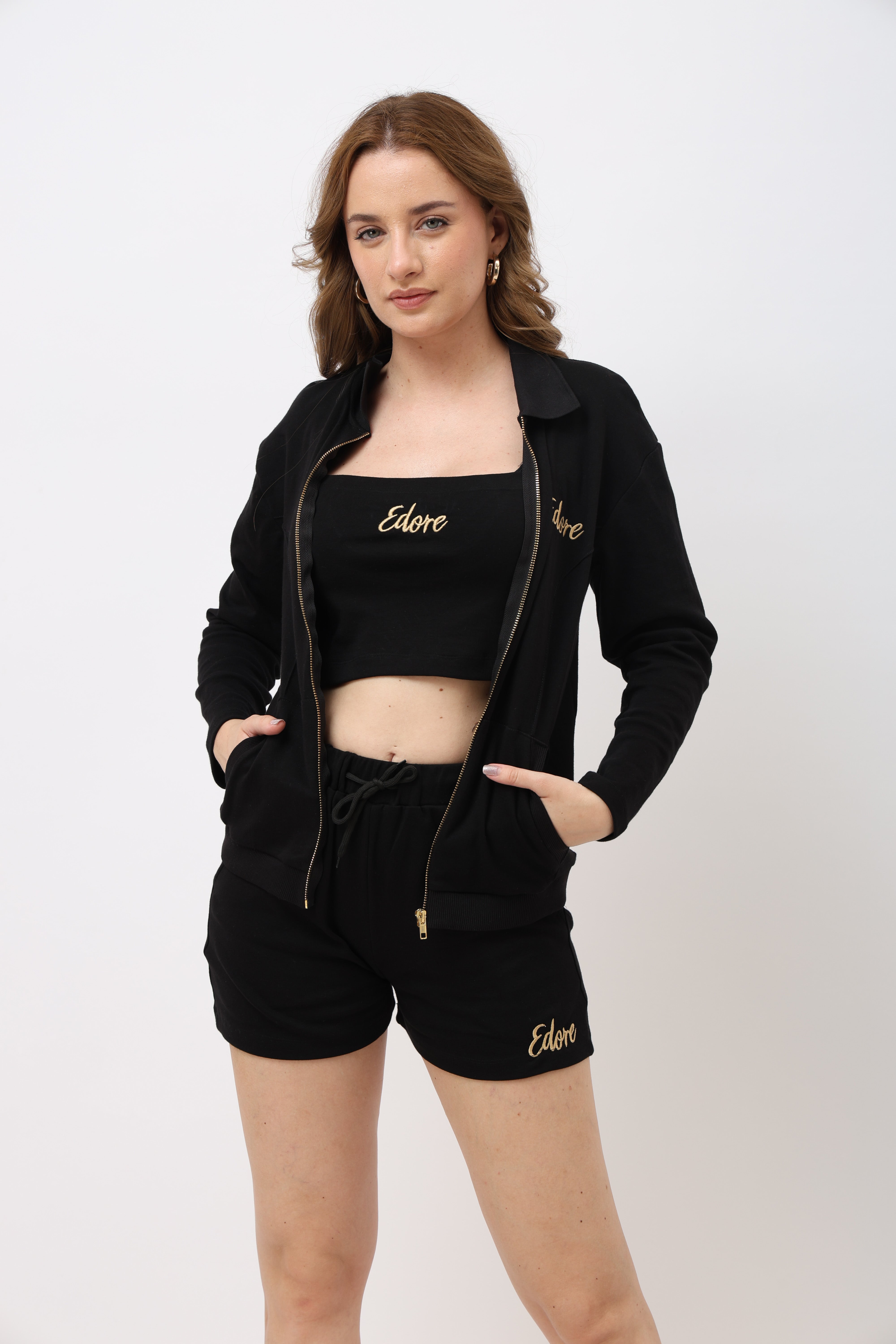 Myric Black Front Zip Jacket with Collar & Pocket