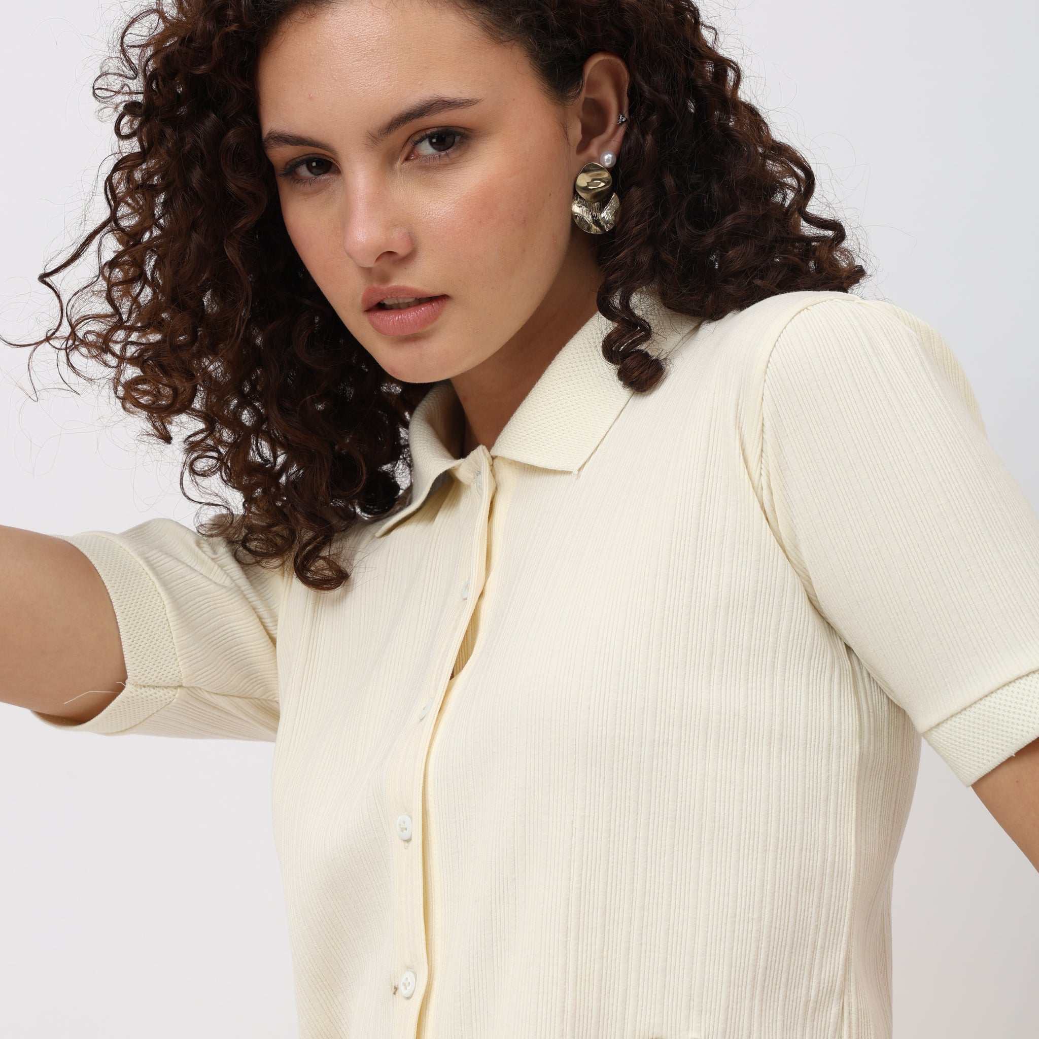 Orris Off White Short Sleeve Button-Down Top