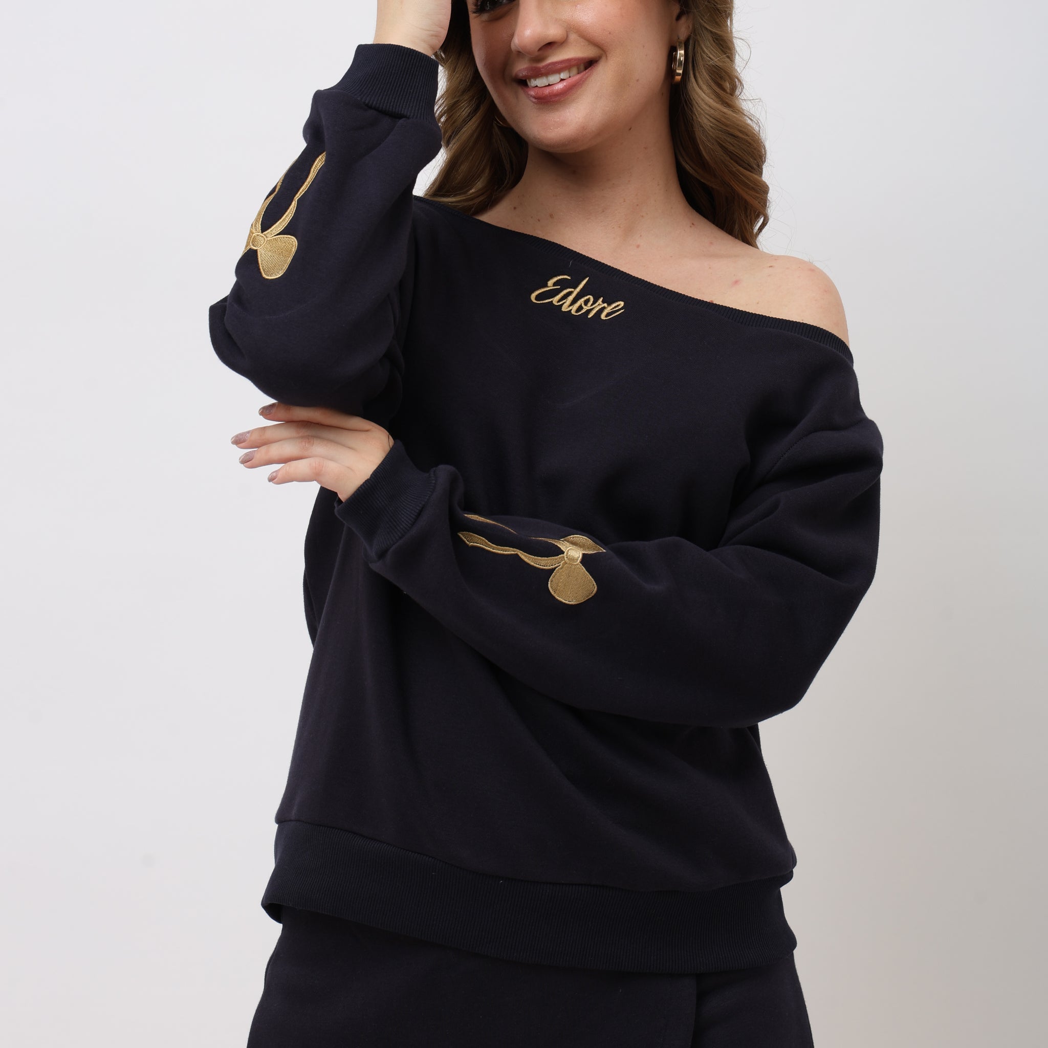 Sorelle Navy Blue Off Shoulder Sweatshirt
