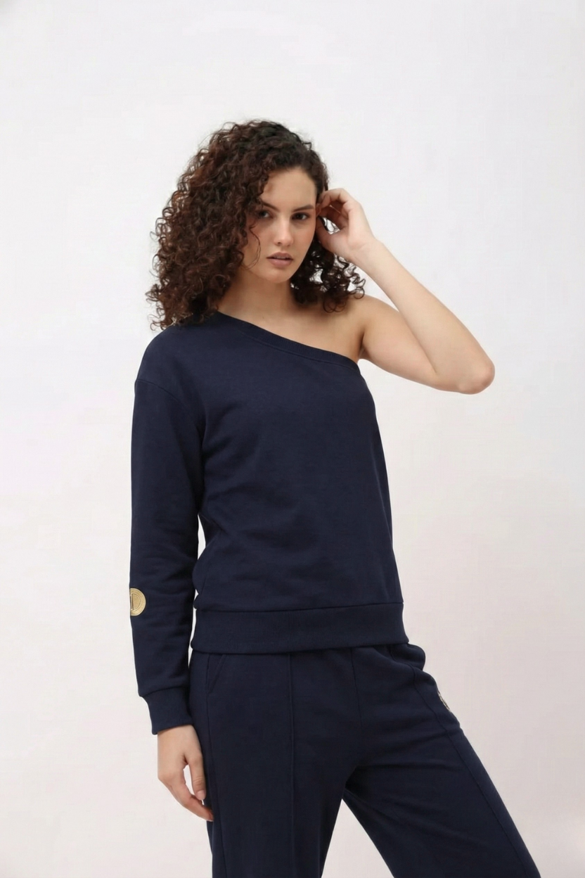 Elior Navy Blue One-Shoulder Sweatshirt